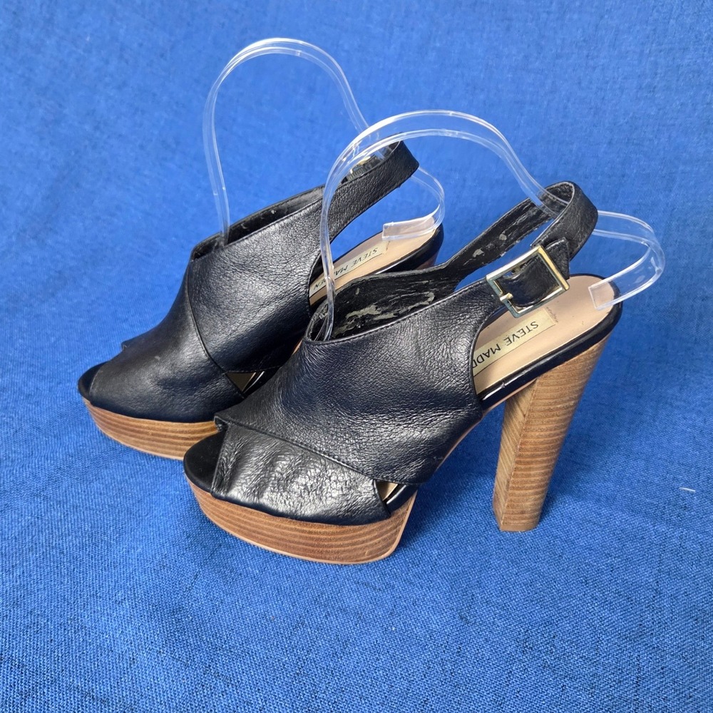 Steve Madden Womens Black Leather Platform Slingback Peep Toe Block Heels